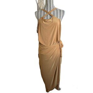 Club London Gold Wrap Asymmetrical Strappy Maxi Dress Flowy Womens Size 22
